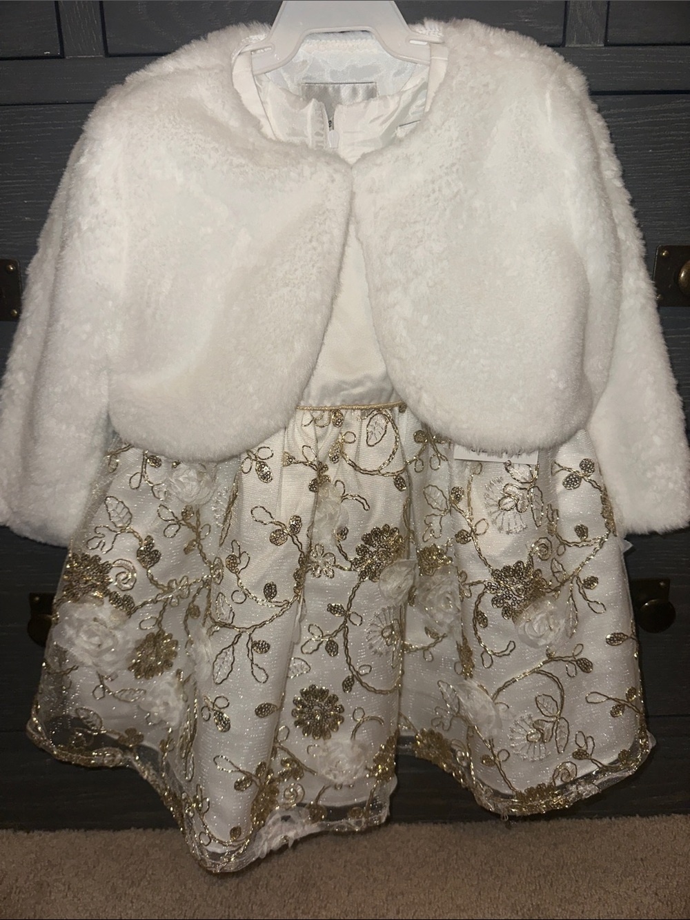 Rare Editions White Faux Fur Bolero with White & Gold Floral Dress